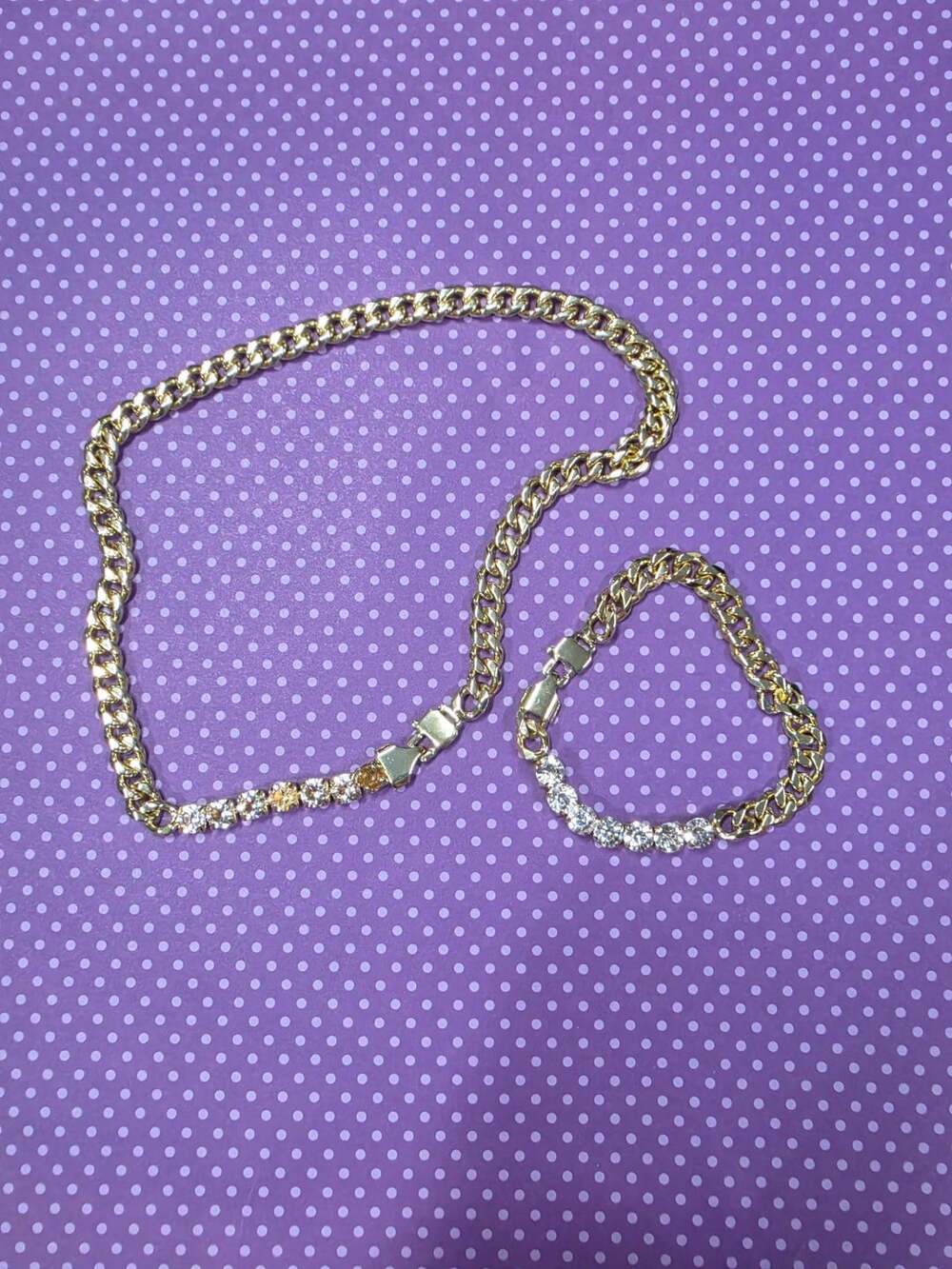 Costume Jewelry Gold Tone Curb Chain Necklace And Bracelet Set With Rhinestones